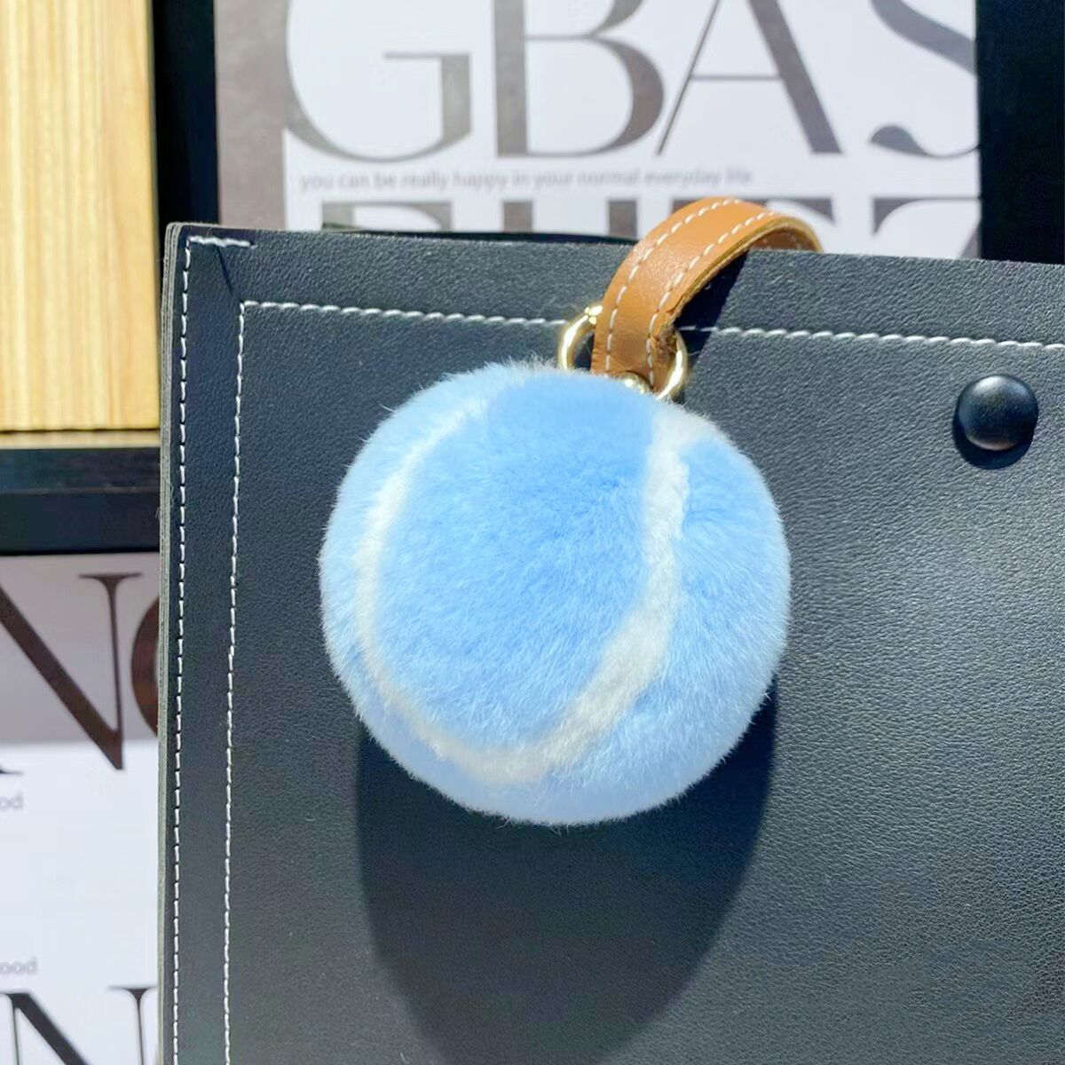 Blue Fluffy Plush Tennis Keychain
