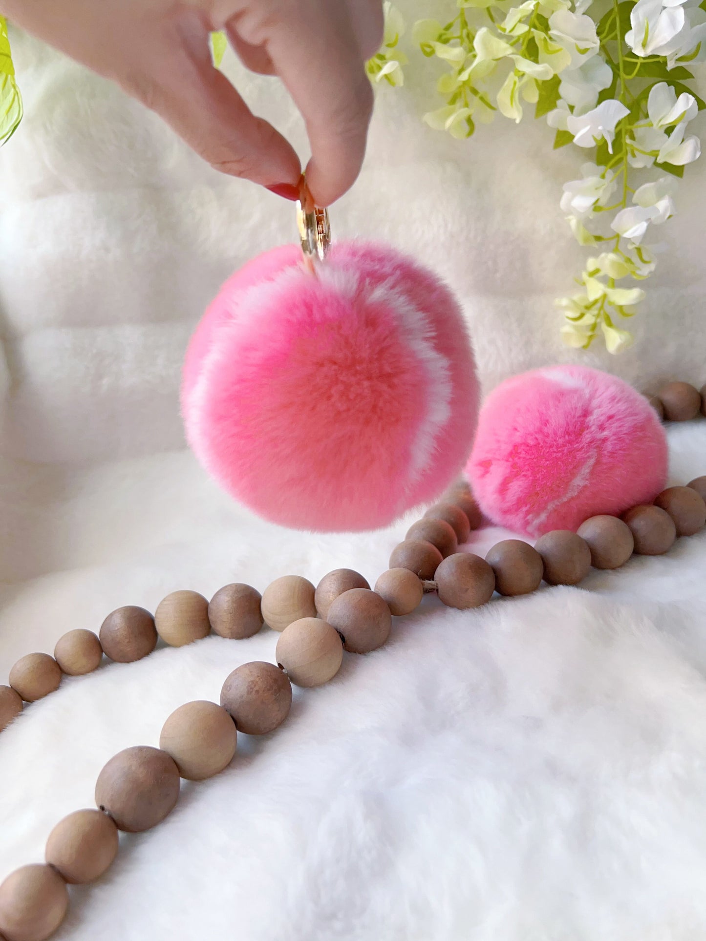Pink Fluffy Plush Tennis Keychain
