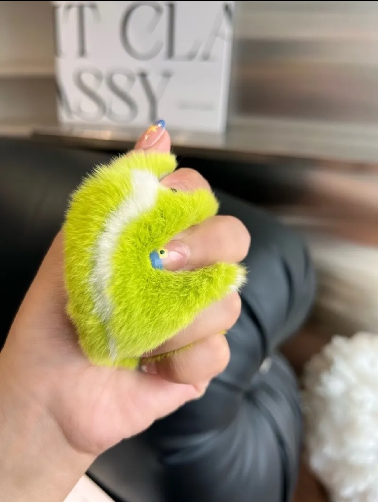 Light Green Fluffy Plush Tennis Keychain
