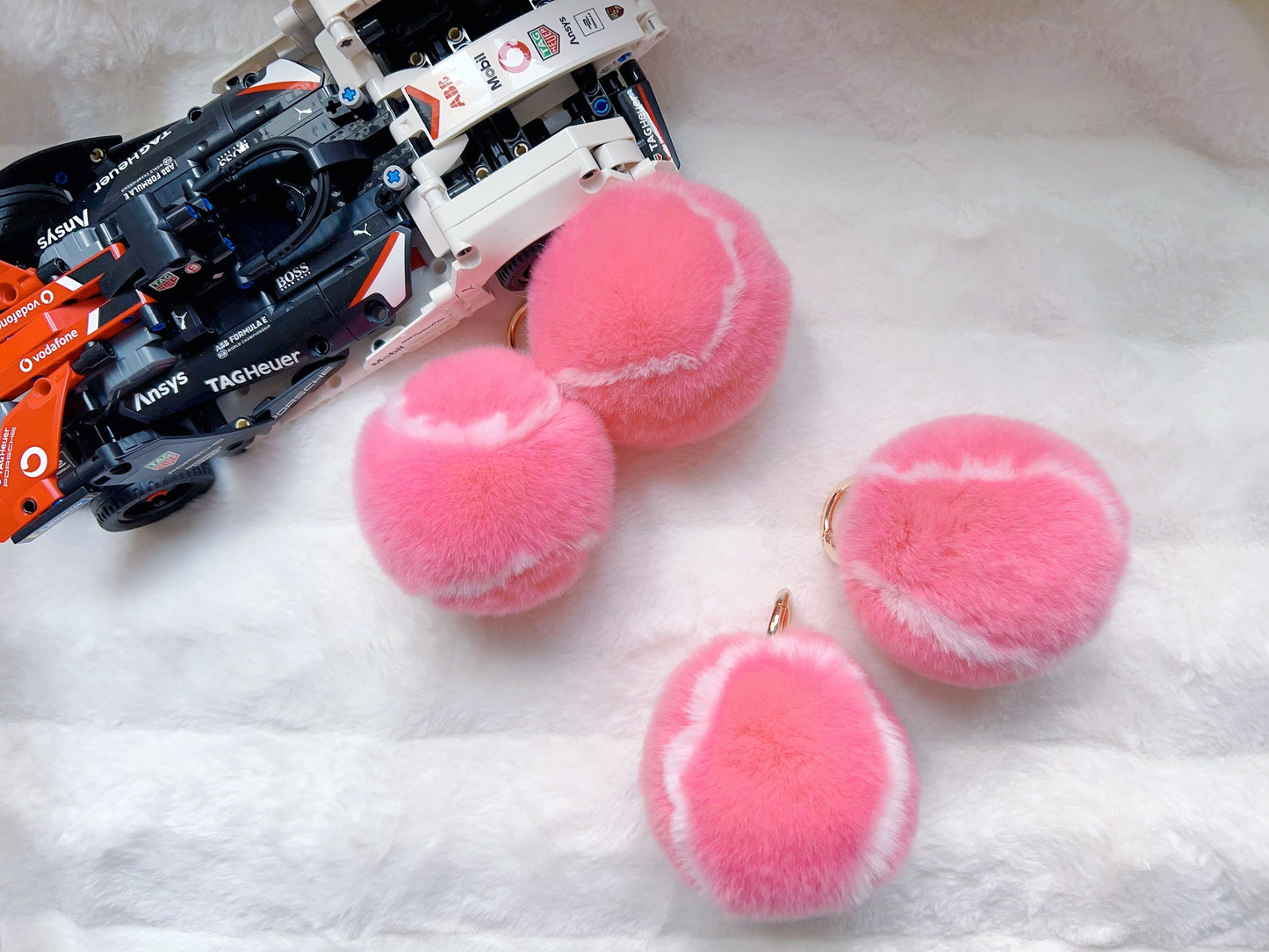 Pink Fluffy Plush Tennis Keychain