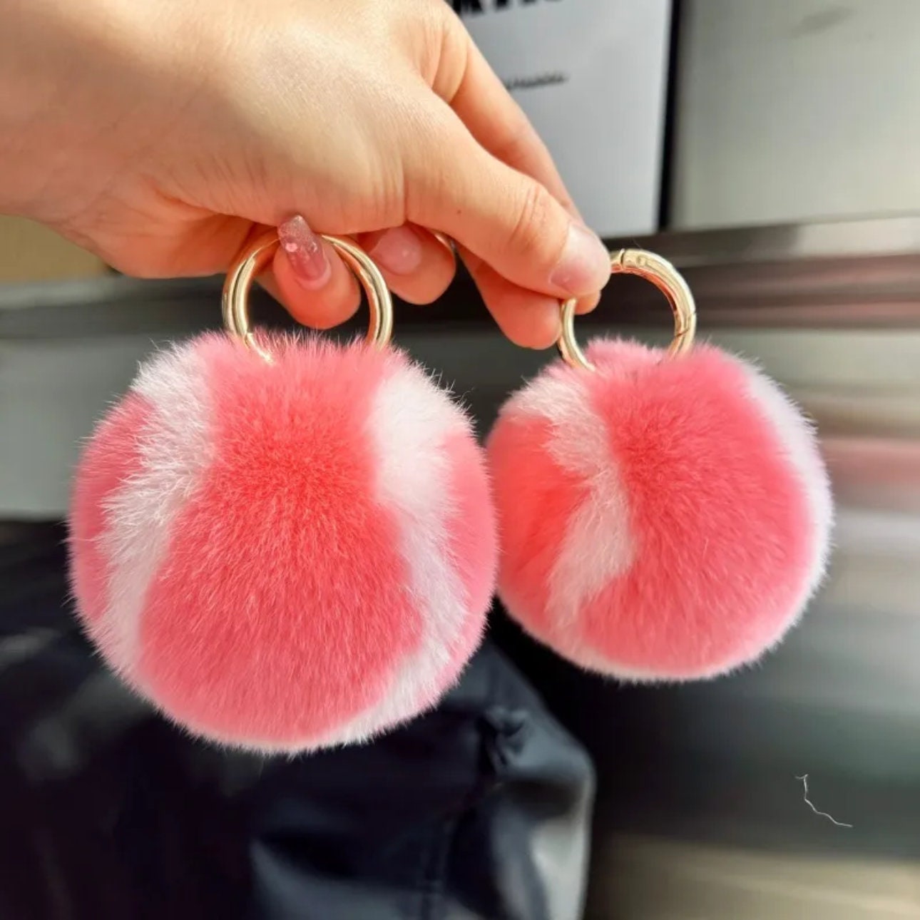 Pink Fluffy Plush Tennis Keychain