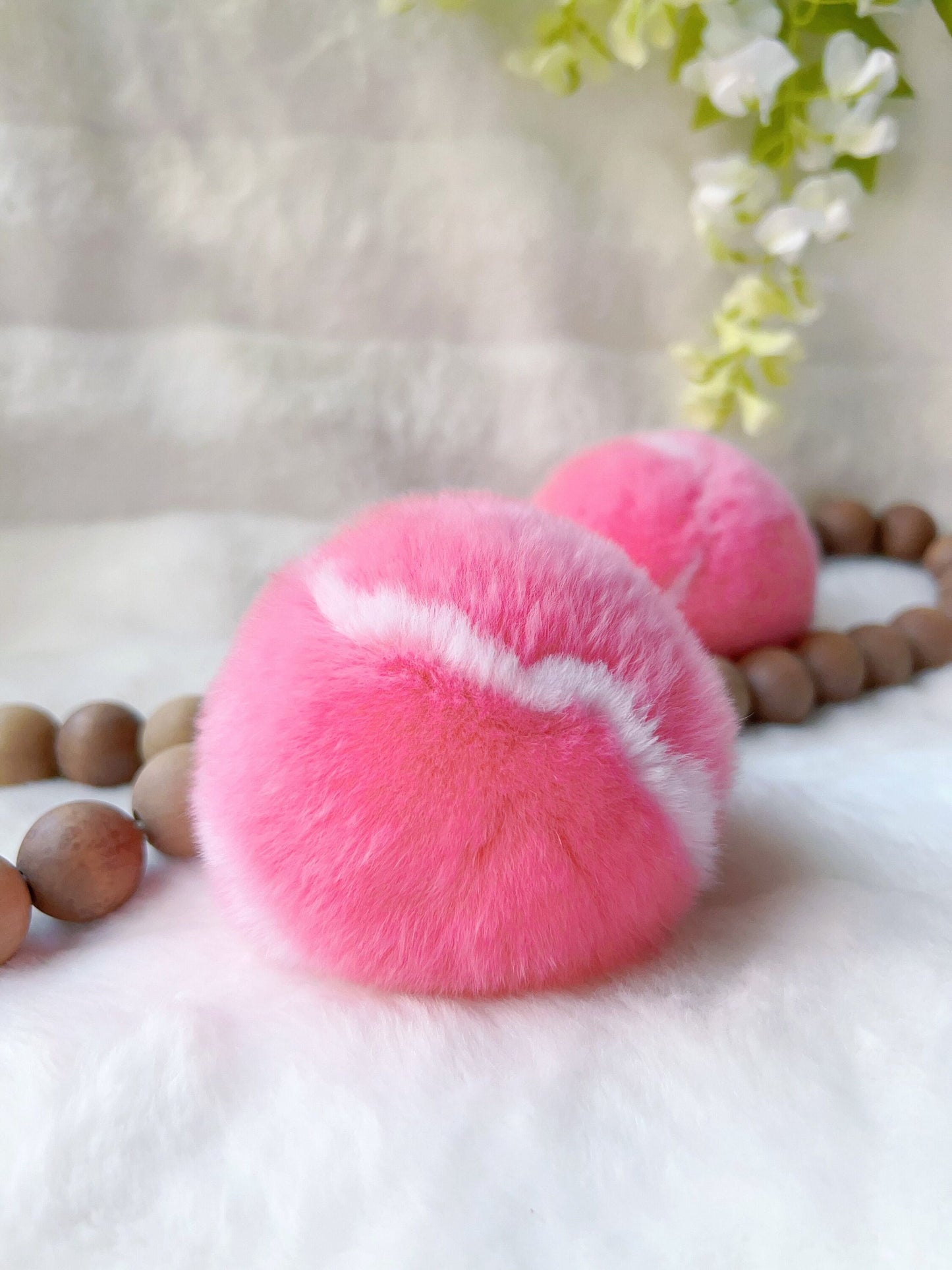 Pink Fluffy Plush Tennis Keychain