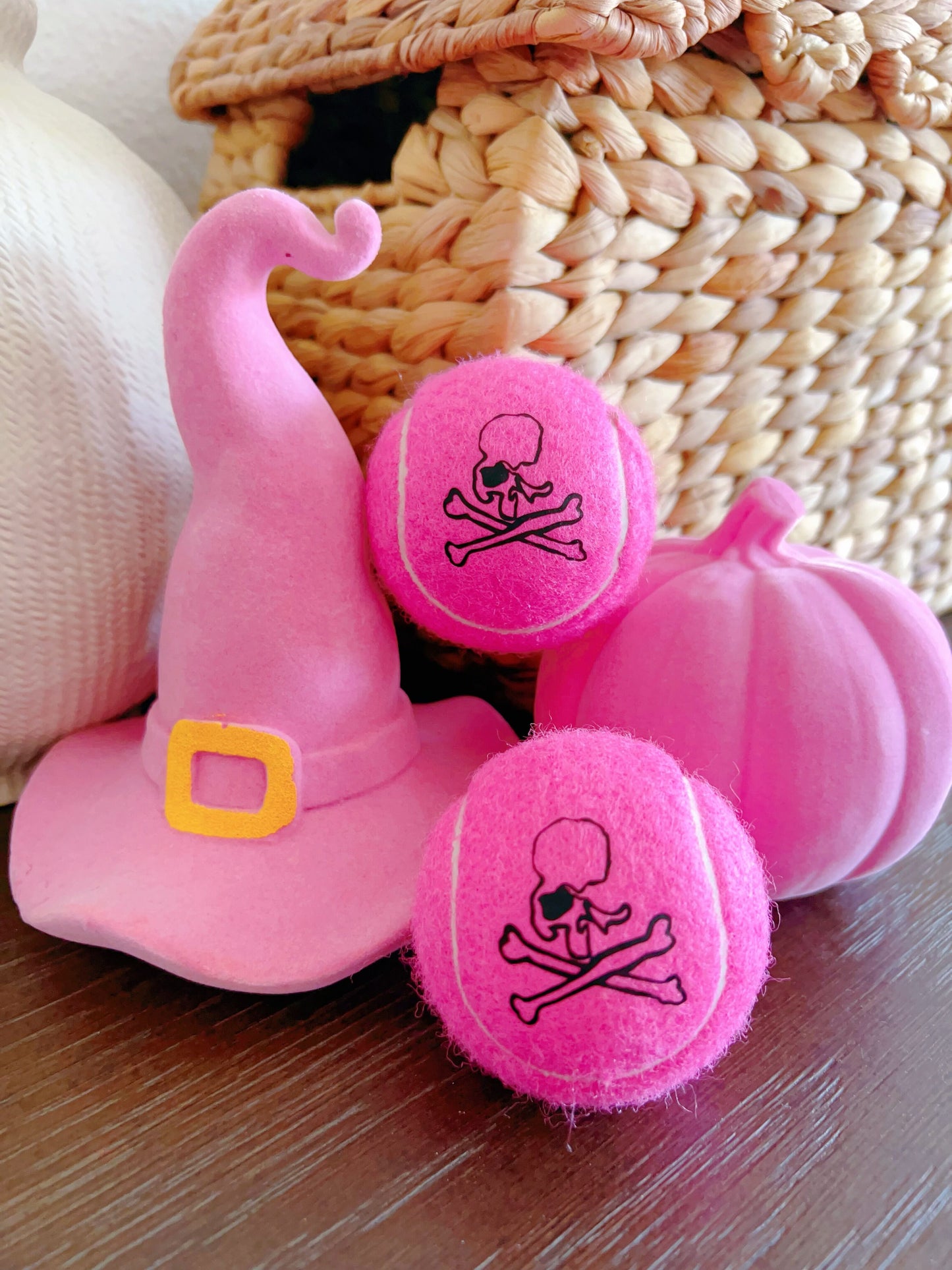 Three Spooky Pink Halloween Tennis Balls